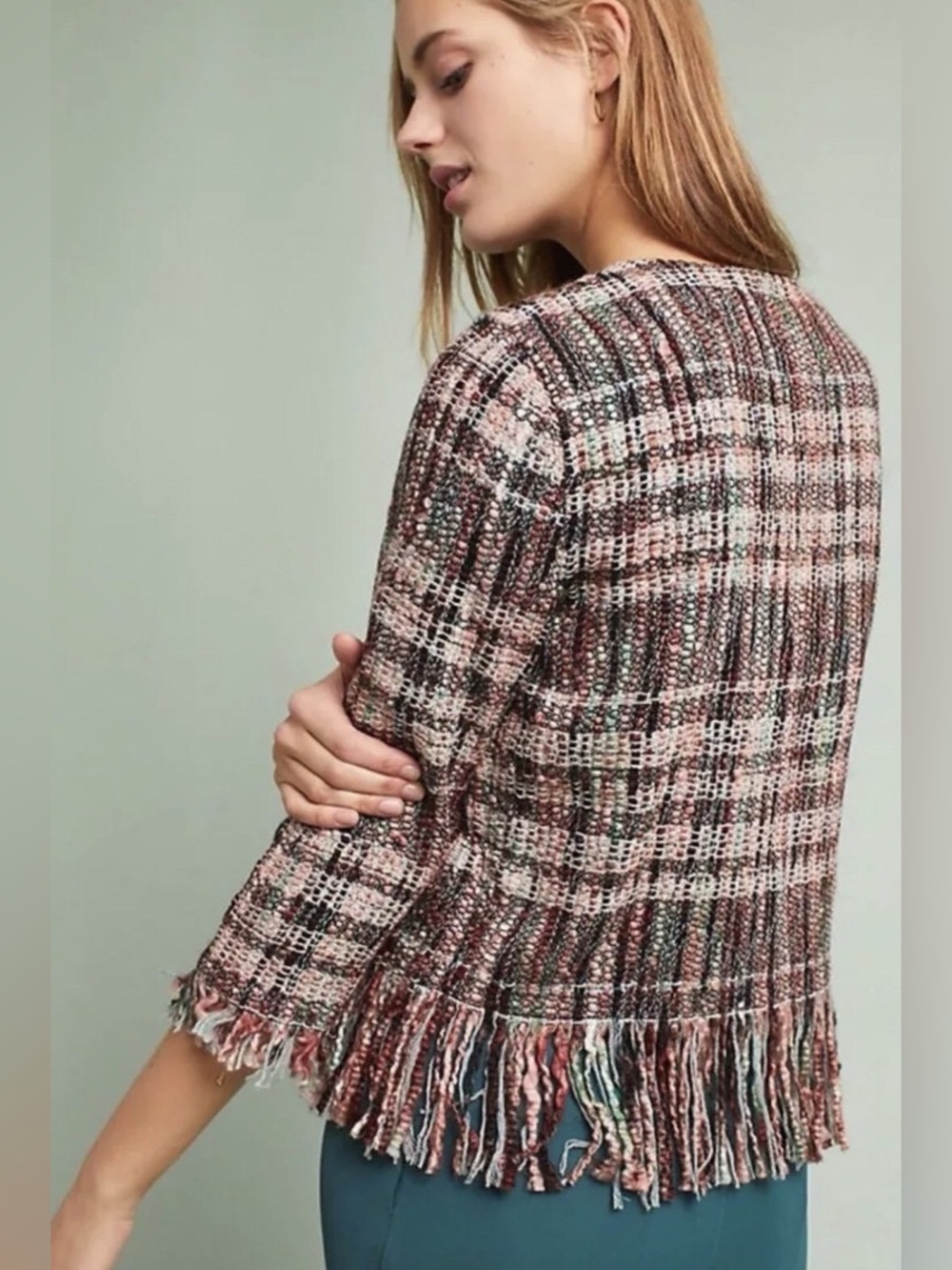 Anthropologie Fringed Plaid Knit Jacket - Pink Multi